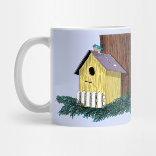 Funny Bluebird on Birdhouse Mug