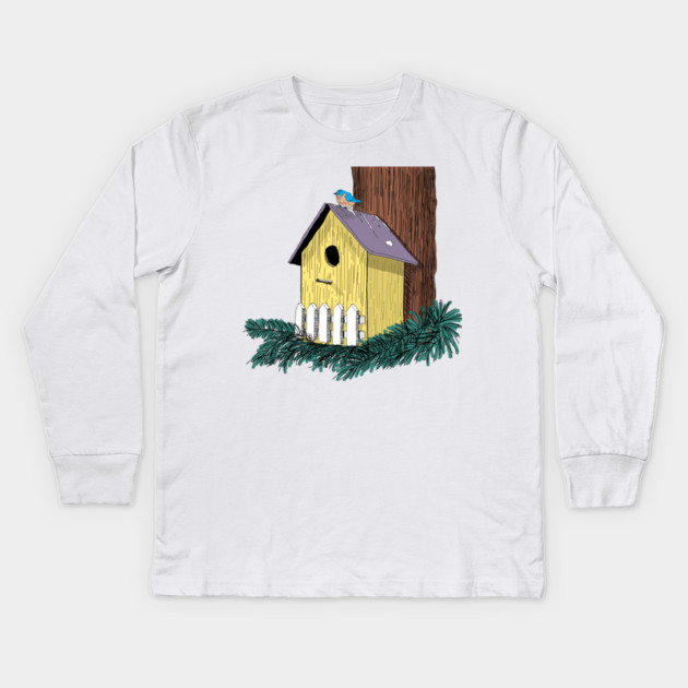 Funny Bluebird on Birdhouse Kids Long Sleeve T-Shirt by H. R. Sinclair