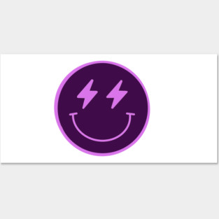 Lightning Smiley Face Neon Purple Posters and Art