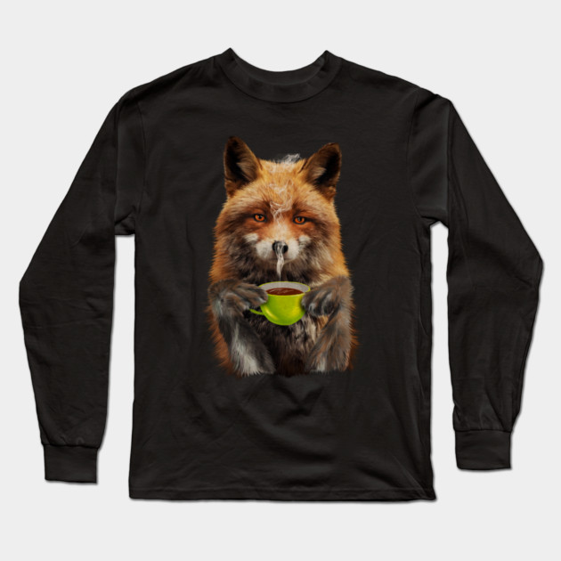 Fox Drinking Coffee, Love Foxes Long Sleeve T-Shirt by logiamerch
