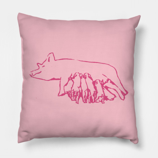Nursing Pig with Piglets – Minimal Farm Sketch Pillow by DonWillisJrArt