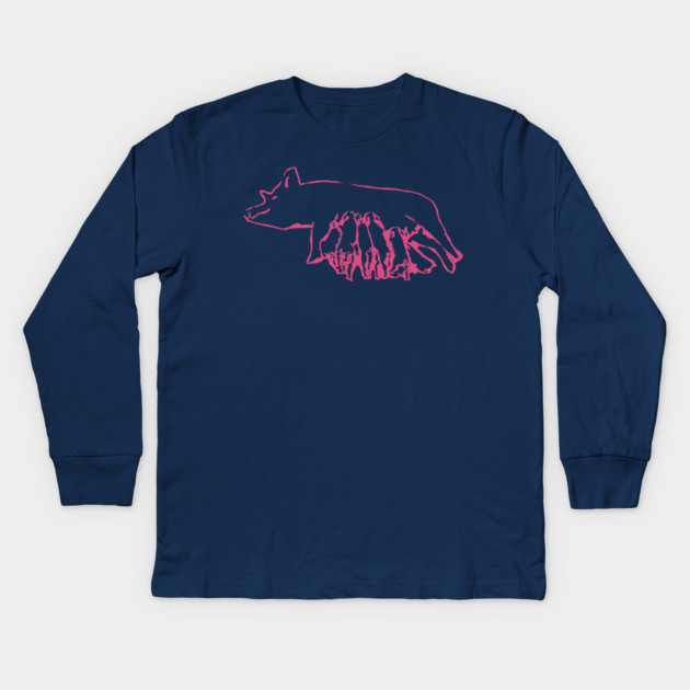 Nursing Pig with Piglets – Minimal Farm Sketch Kids Long Sleeve T-Shirt by DonWillisJrArt