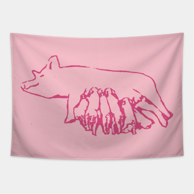Nursing Pig with Piglets – Minimal Farm Sketch Tapestry by DonWillisJrArt