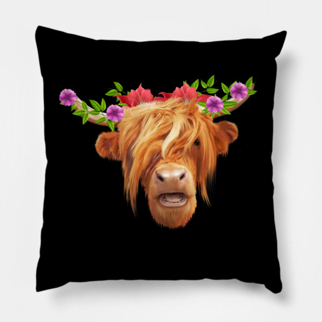 Highland Cow with Flowers, Love Cows Pillow by logiamerch