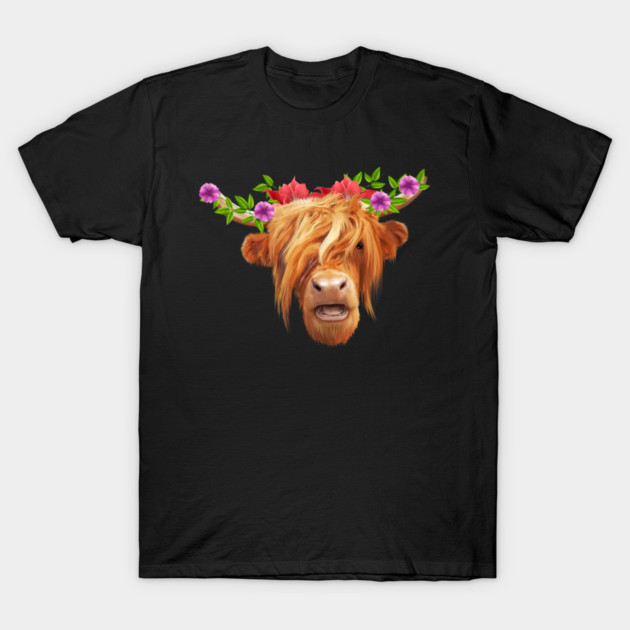 Highland Cow with Flowers, Love Cows T-Shirt by logiamerch