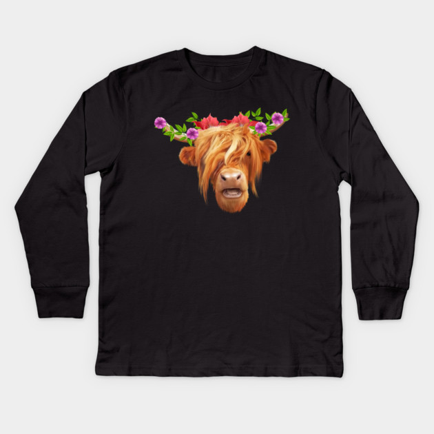 Highland Cow with Flowers, Love Cows Kids Long Sleeve T-Shirt by logiamerch