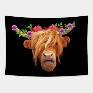 Highland Cow with Flowers, Love Cows Tapestry