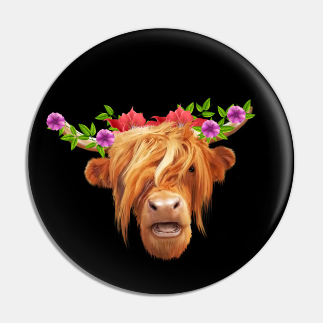 Highland Cow with Flowers, Love Cows Pin by logiamerch