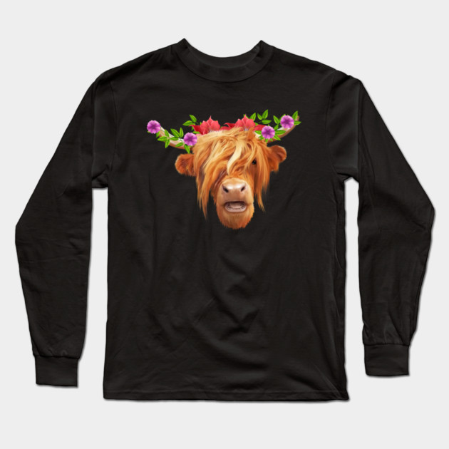 Highland Cow with Flowers, Love Cows Long Sleeve T-Shirt by logiamerch