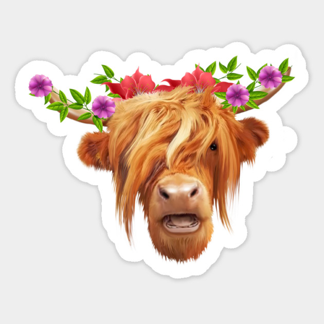 Highland Cow with Flowers, Love Cows Sticker by logiamerch