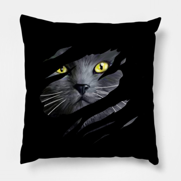 Grey Cat tearing through, Love Cats Pillow by logiamerch