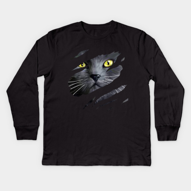 Grey Cat tearing through, Love Cats Kids Long Sleeve T-Shirt by logiamerch