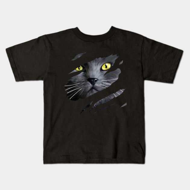 Grey Cat tearing through, Love Cats Kids T-Shirt by logiamerch