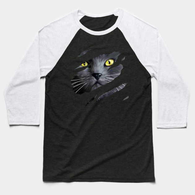 Grey Cat tearing through, Love Cats Baseball T-Shirt by logiamerch