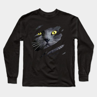 Grey Cat tearing through, Love Cats Long Sleeve T-Shirt