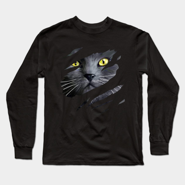 Grey Cat tearing through, Love Cats Long Sleeve T-Shirt by logiamerch
