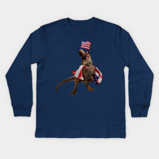 Funny T Rex Dinosaur, USA Flag, American Kids Long Sleeve T-Shirt