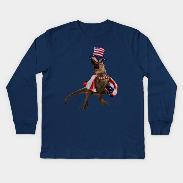 Funny T Rex Dinosaur, USA Flag, American Kids Long Sleeve T-Shirt by logiamerch