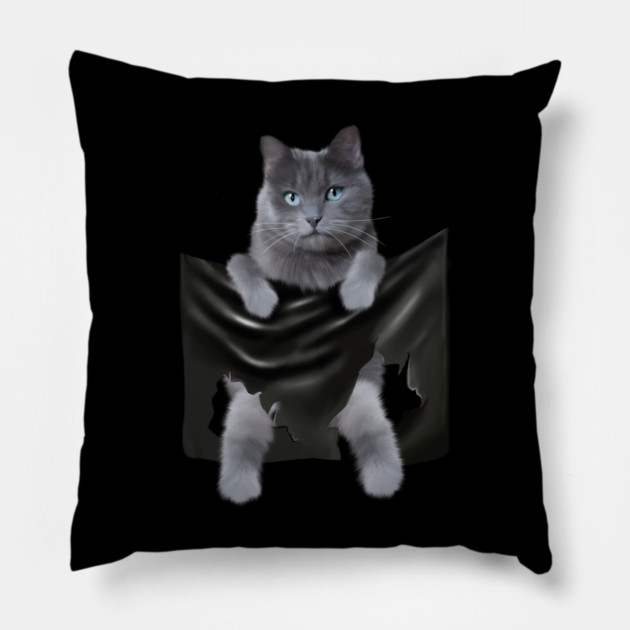Russian blue Cat inside Pocket, Funny Cat Lover Pillow by logiamerch