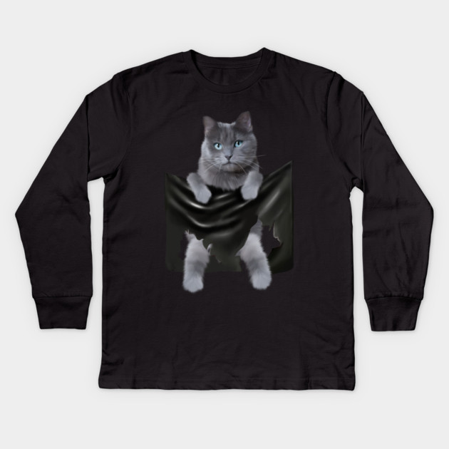 Russian blue Cat inside Pocket, Funny Cat Lover Kids Long Sleeve T-Shirt by logiamerch