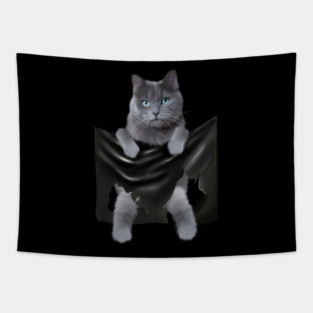 Russian blue Cat inside Pocket, Funny Cat Lover Tapestry