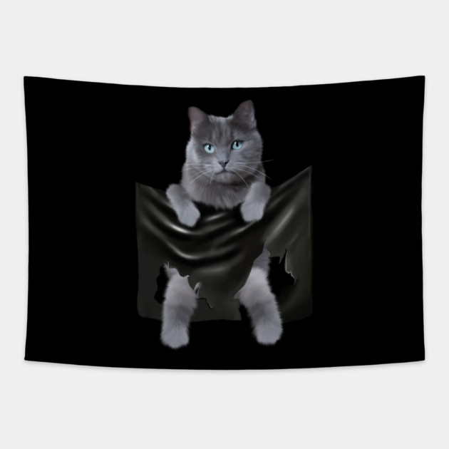 Russian blue Cat inside Pocket, Funny Cat Lover Tapestry by logiamerch