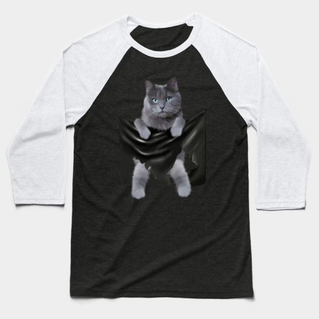 Russian blue Cat inside Pocket, Funny Cat Lover Baseball T-Shirt by logiamerch