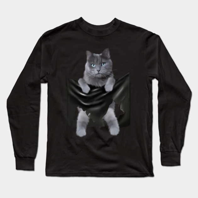 Russian blue Cat inside Pocket, Funny Cat Lover Long Sleeve T-Shirt by logiamerch