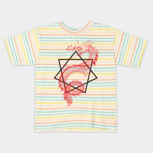 Asian Dragon With Sacred Geometry Heptagram (Seven Sided Star) Design Kids T-Shirt