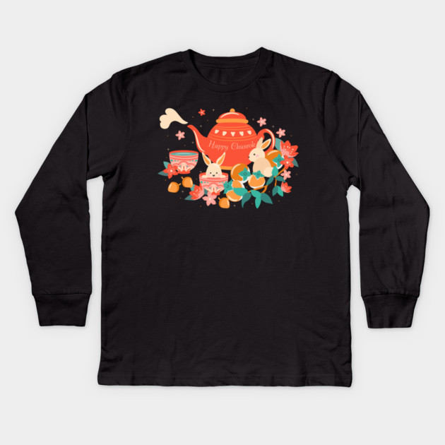 Chuseok Mid-Autumn Festival Teapot and Bunnies Kids Long Sleeve T-Shirt by HolidayBug