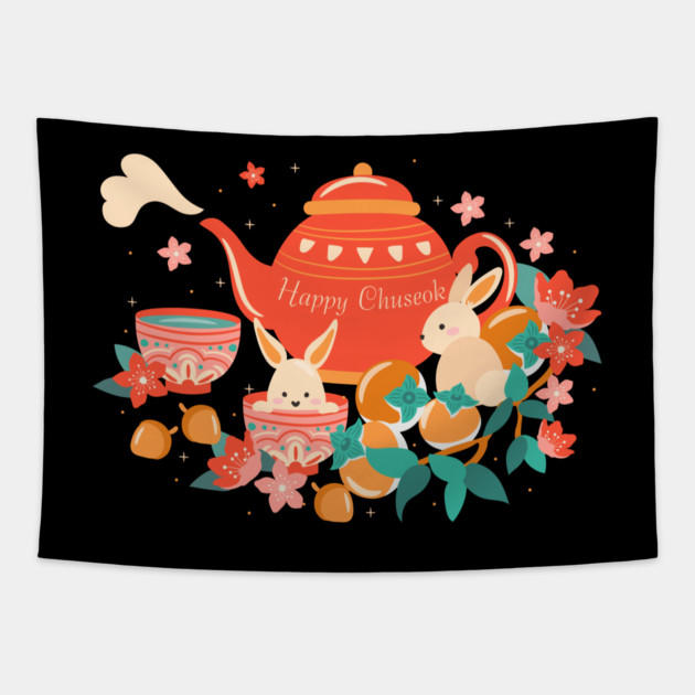 Chuseok Mid-Autumn Festival Teapot and Bunnies Tapestry by HolidayBug