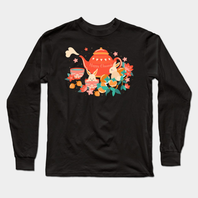 Chuseok Mid-Autumn Festival Teapot and Bunnies Long Sleeve T-Shirt by HolidayBug