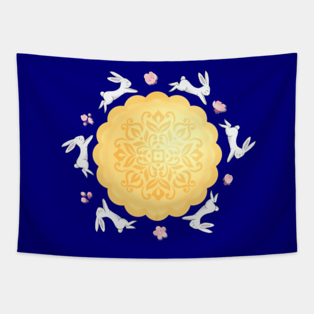 Mooncake and Rabbits Moon Tapestry by HolidayBug