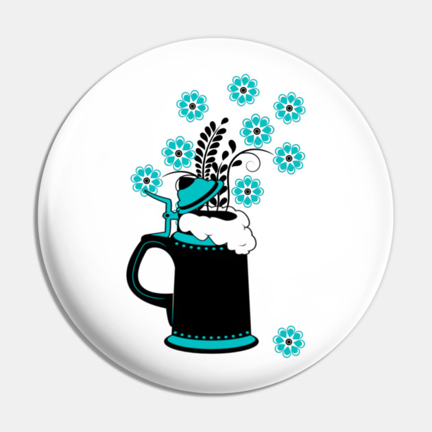 Black and Teal Beer Stein and Flowers Oktoberfest Pin by HolidayBug