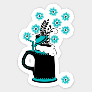 Black and Teal Beer Stein and Flowers Oktoberfest Sticker
