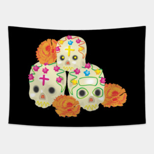 Day of the Dead Sugar Skulls and Marigolds Tapestry