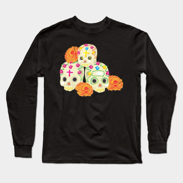 Day of the Dead Sugar Skulls and Marigolds Long Sleeve T-Shirt by HolidayBug