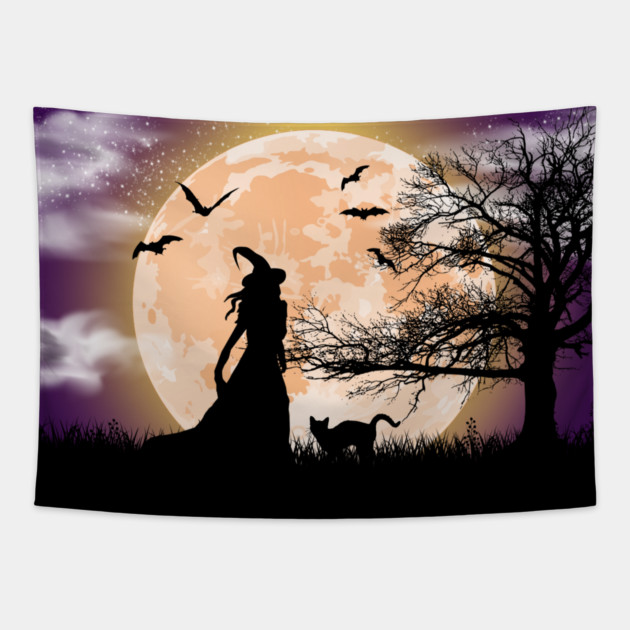 Mystical Witch, Black Cat, Full Moon Tapestry by HolidayBug