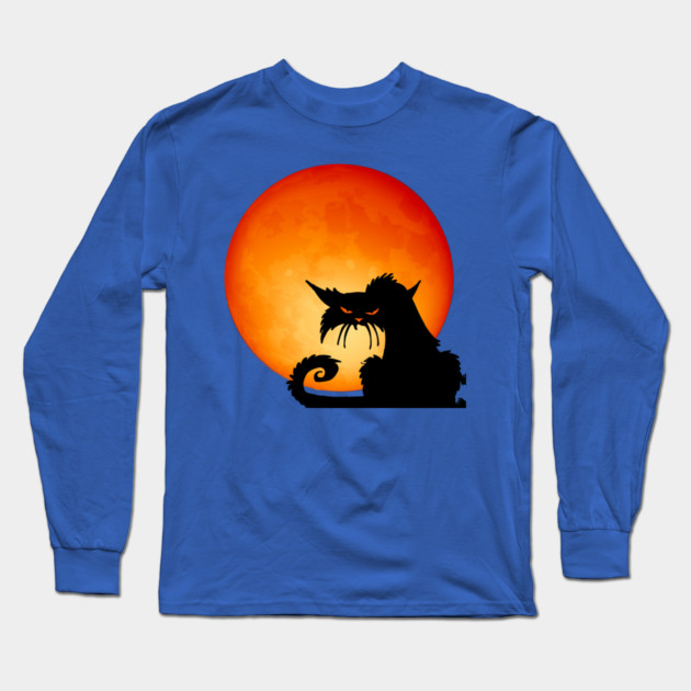 Black Cat Orange Moon Long Sleeve T-Shirt by HolidayBug
