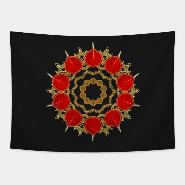 Diwali Burnt Orange Diyas on Gold Mandala Tapestry by HolidayBug