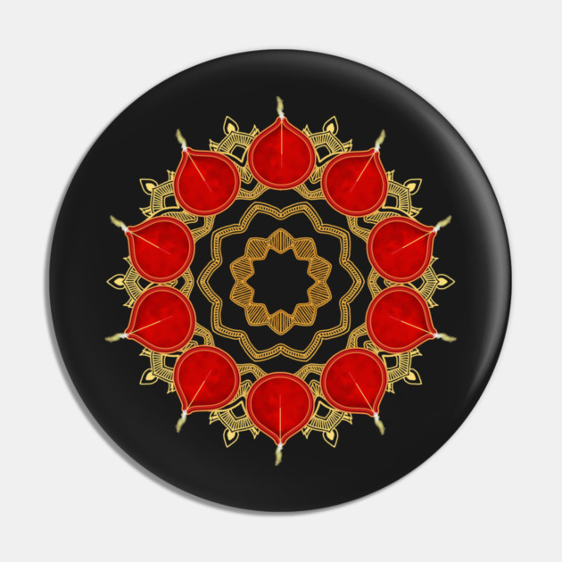 Diwali Burnt Orange Diyas on Gold Mandala Pin by HolidayBug