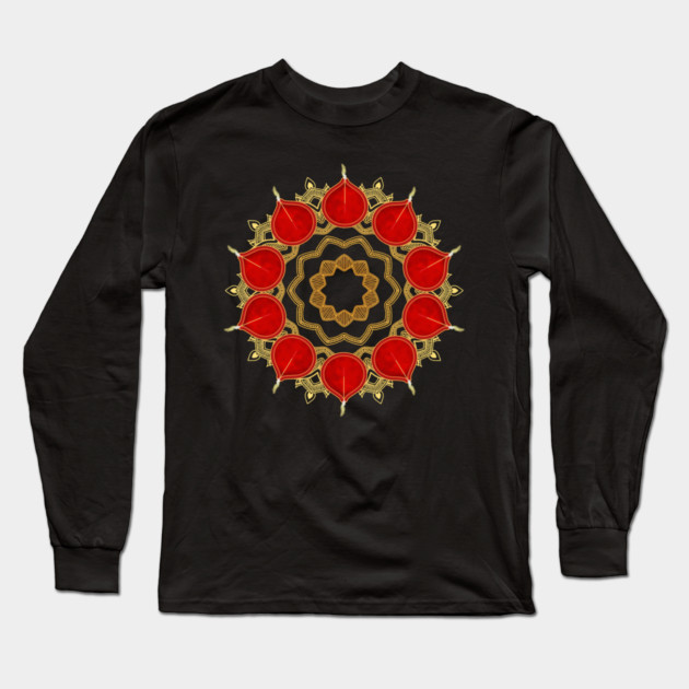 Diwali Burnt Orange Diyas on Gold Mandala Long Sleeve T-Shirt by HolidayBug