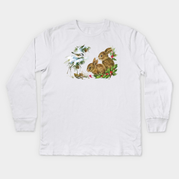 Vintage Christmas Bunnies Kids Long Sleeve T-Shirt by HolidayBug