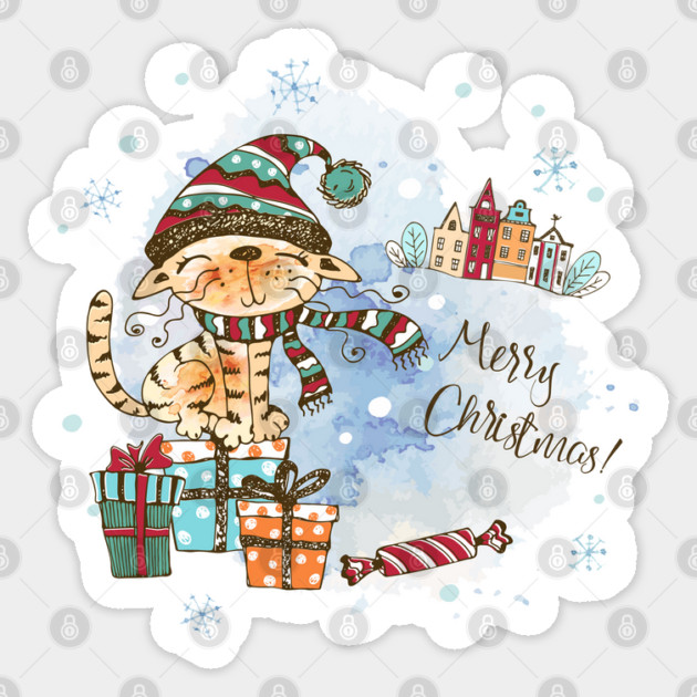 Watercolor Cat on Presents Christmas Sticker by HolidayBug