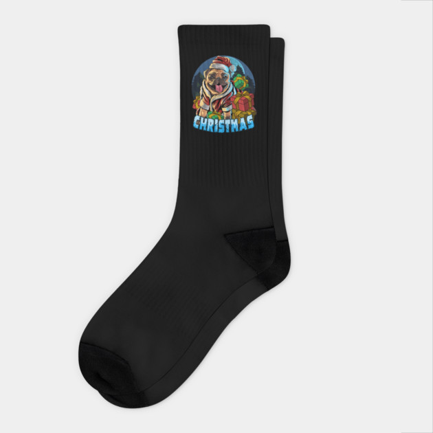 Graphic Illustration Christmas Pug Socks by HolidayBug