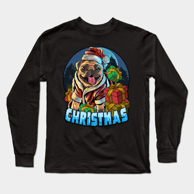Graphic Illustration Christmas Pug Long Sleeve T-Shirt by HolidayBug