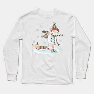 Watercolor Snowman and Dachshund Long Sleeve T-Shirt