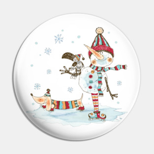 Watercolor Snowman and Dachshund Pin