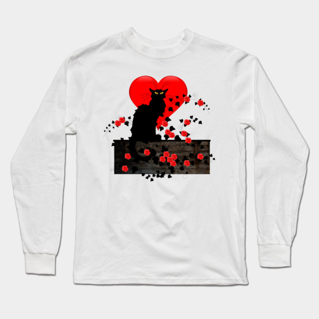 Chat Noir with Red Roses Long Sleeve T-Shirt by HolidayBug