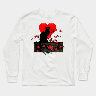 Chat Noir with Red Roses Long Sleeve T-Shirt
